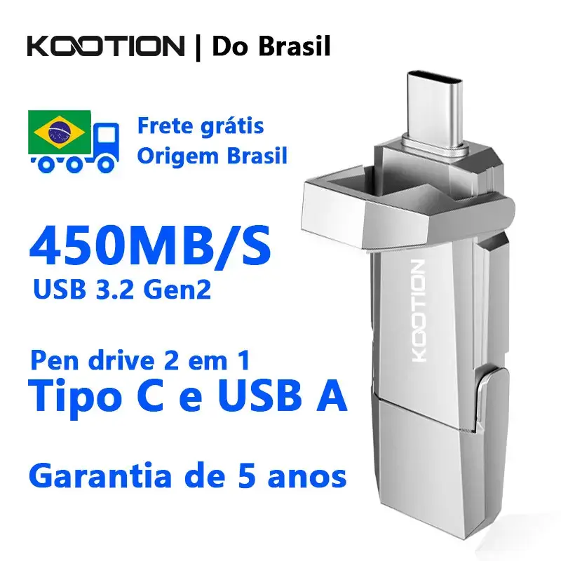 KOOTION 450MB/S Alta Velocidade Pen Drive 2 EM 1 TIPO C & USB 3.2 Gen2 SSD Portátil 512GB 256GB 128GB Memória USB C para Armazenamento de Dados compatível com iPhone 15 16 17, Thunderbolt 3, Celular Android, Tablet