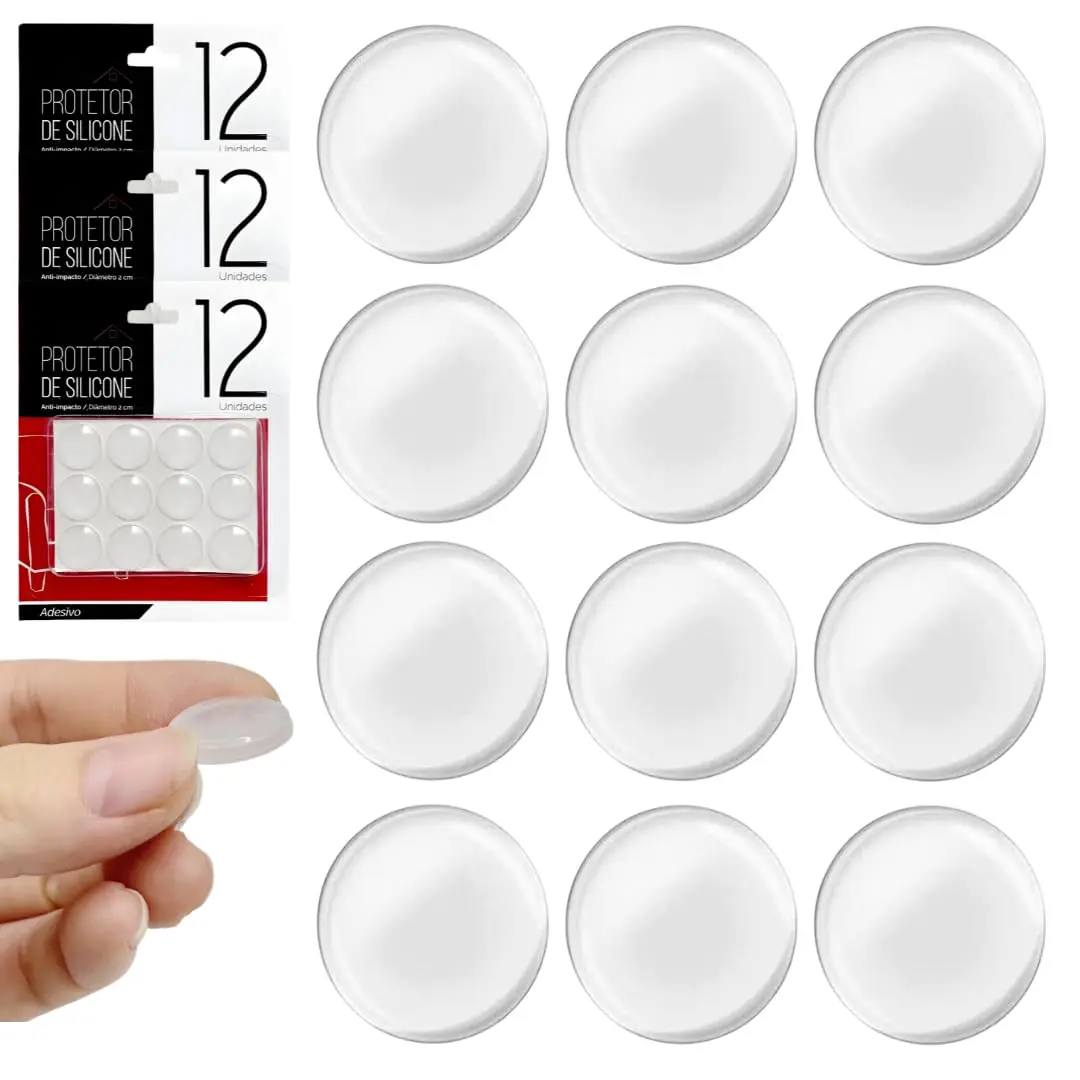Kit C/36 Protetores de Silicone 2x2cm Anti Impacto Transparente | Adesivo amortecedor que evita riscos, batidas e ruídos em móveis, portas, gavetas, armários e eletrodomésticos.