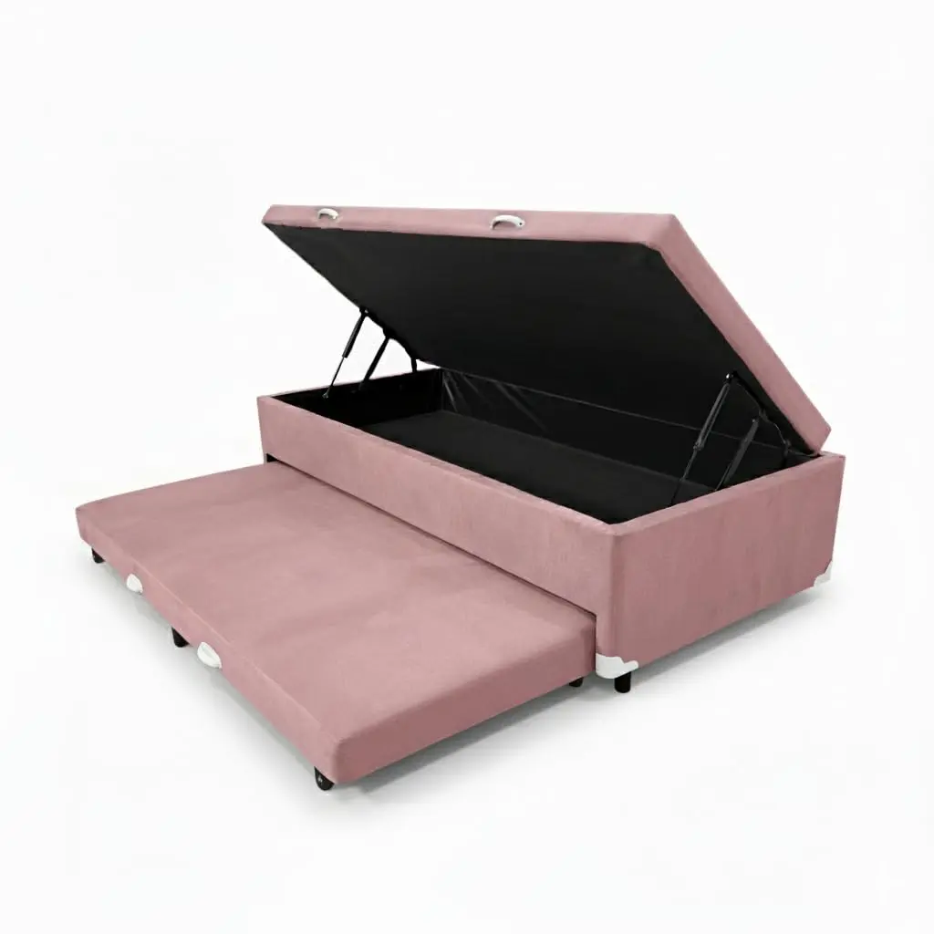 Cama Box Baú Solteiro com Auxiliar Conjugada | Pistão a Gás | Suporta Até 200kg | 188x88x42 | (Suede Rosa)
