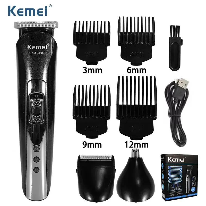 Kemei KM-1506 3 em 1 máquina de cortar cabelo elétrica carregamento usb barbeador recarregável nariz aparador cabelo profissional máquina barbear - 1