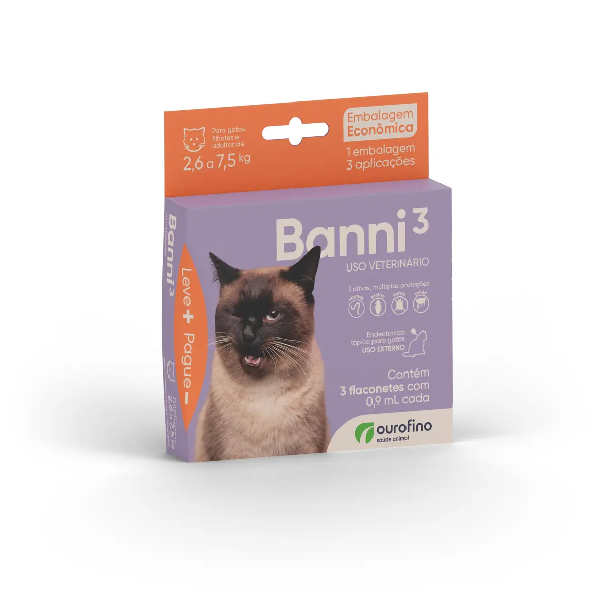 Antipulgas Ourofino Banni 3 para Gatos de 2,6 a 7,5 Kg - 3 pipetas - 1