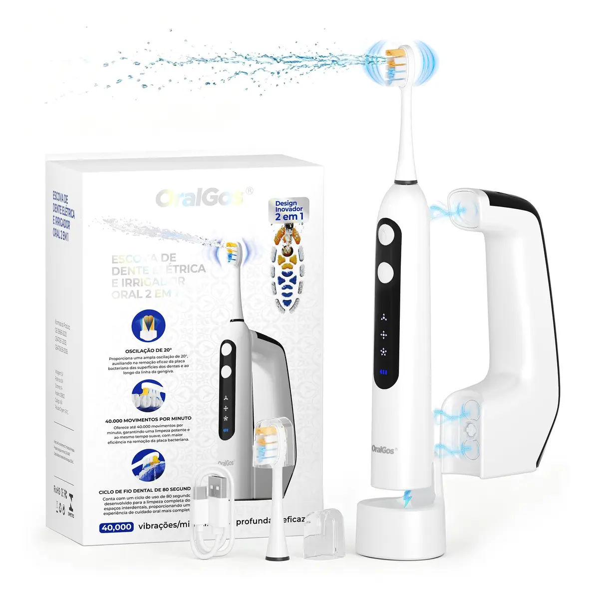 OralGos Escova de Dentes Elétrica 2 em 1 com Irrigador Oral, Branco | 40000 Vibrações Sônicas por Minuto, Reservatório Magnético 150ml, Carregamento Sem Fio, Escova de Viagem, Fio Dental com Água