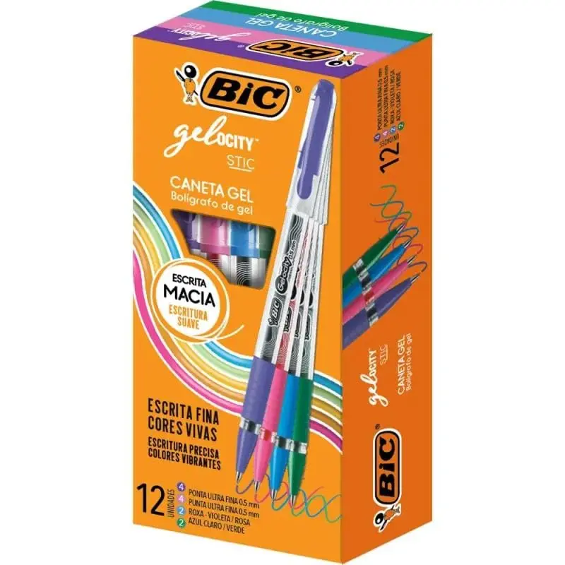 530057 - BIC, Caneta em Gel, Gelocity, Escrita Fina, Rosa, Roxo, Azul Claro e Verde, 12 Unidades