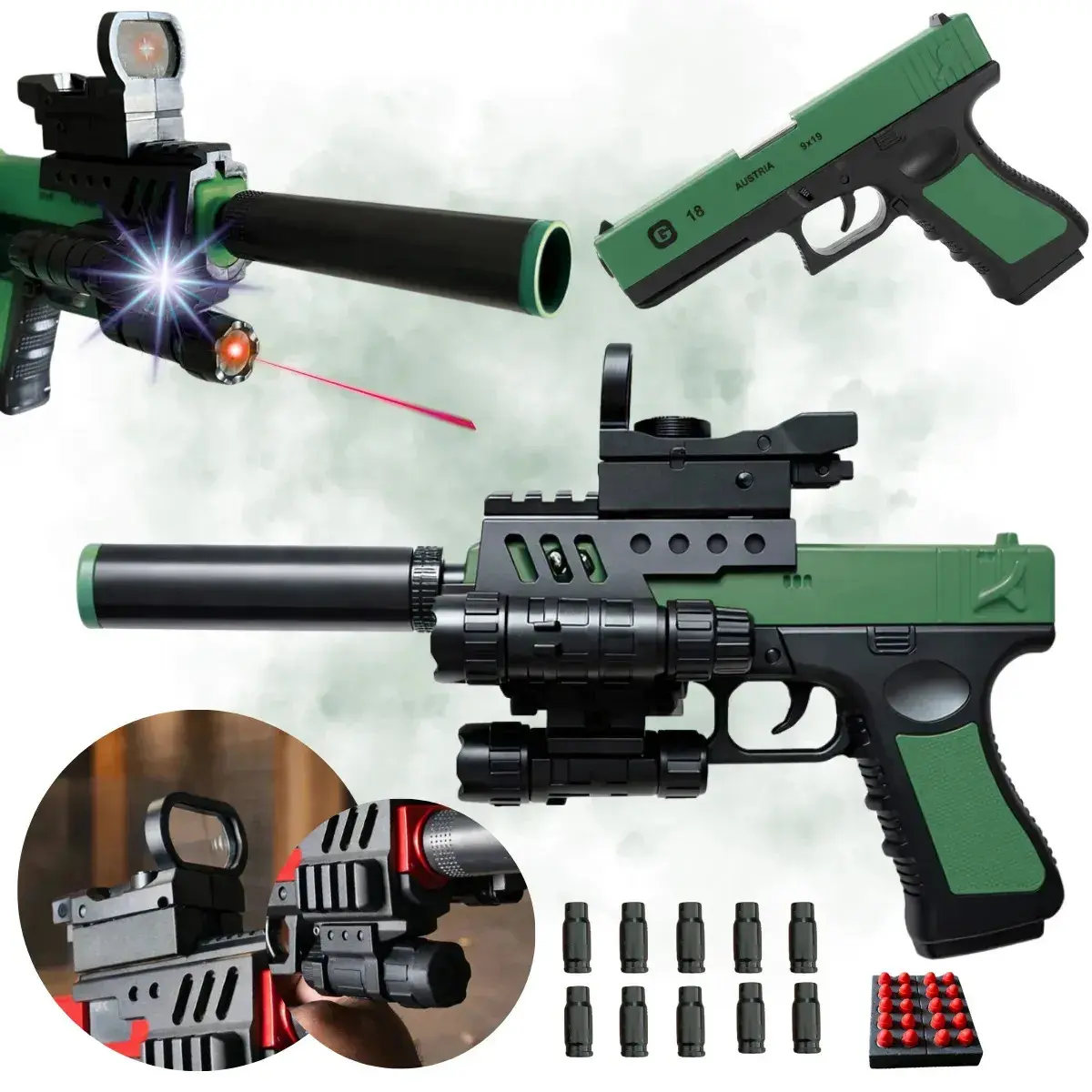 Arma De Brinquedo Com Mira Laser Led Arminha Lança Dardos Com Silenciador Munição Cor Verde