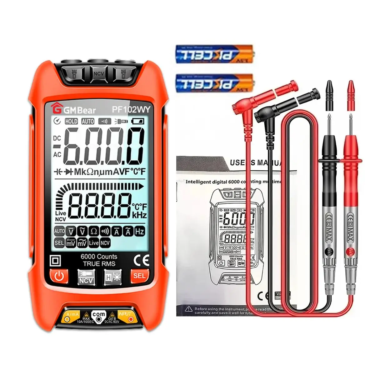 Multímetro Digital Profissional True RMS 6000 Contagens, Faixa Automática, NCV, Mede Tensão AC/DC, Corrente, Resistência e Continuidade, Tela Iluminada e Lanterna Dupla