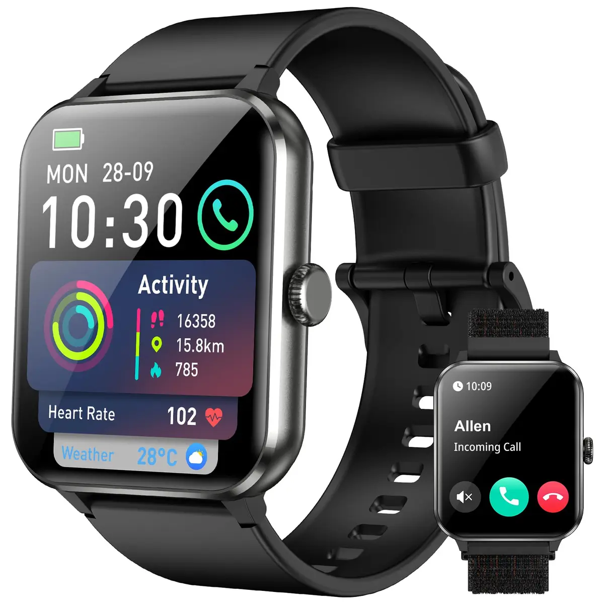 Smartwatch,Relógio Inteligente para Homens e Mulheres, 1.85“ Tela HD Touch, 100+ Modos Esportivos, Chamadas Bluetooth,Assistente de Voz, Compatível com iOS/Android,Inclui 2 Pulseiras,Preto - 1