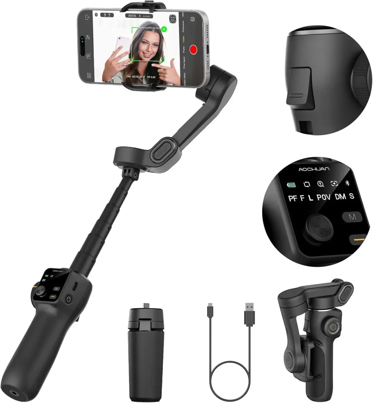 Aochuan inteligente v8 estabilizador gimbal portátil de 3 eixos com haste de extensão tripé rastreamento facial para iphone android streaming ao vivo vlog - 1