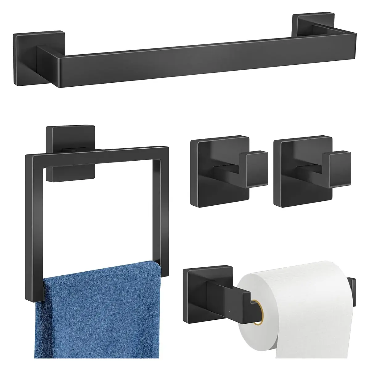 BEMMY Kit 5 Acessórios Para Banheiro Lavabo Luxo 5 Peças Acabamento Fosco Aço Inoxidável, Conjunto de para Toalheiro de Banheiro 60CM, Barra de Toalha de Banheiro, Instalação de Perfuração, Preto