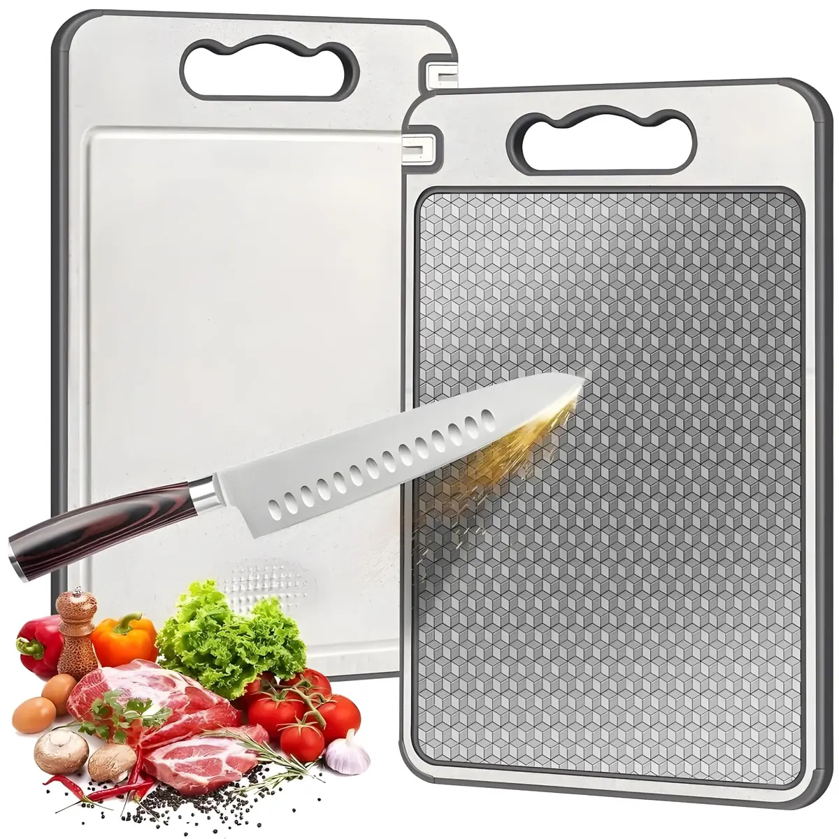 Tábua de Corte para Cozinha Dupla Face Aço Inoxidável e PP, Superfície Higiênica para Carnes, Frutas e Vegetais, Afiador Integrado, Base Antiderrapante e Alça Ergonômica PREMIUM - LAGUS IMP.