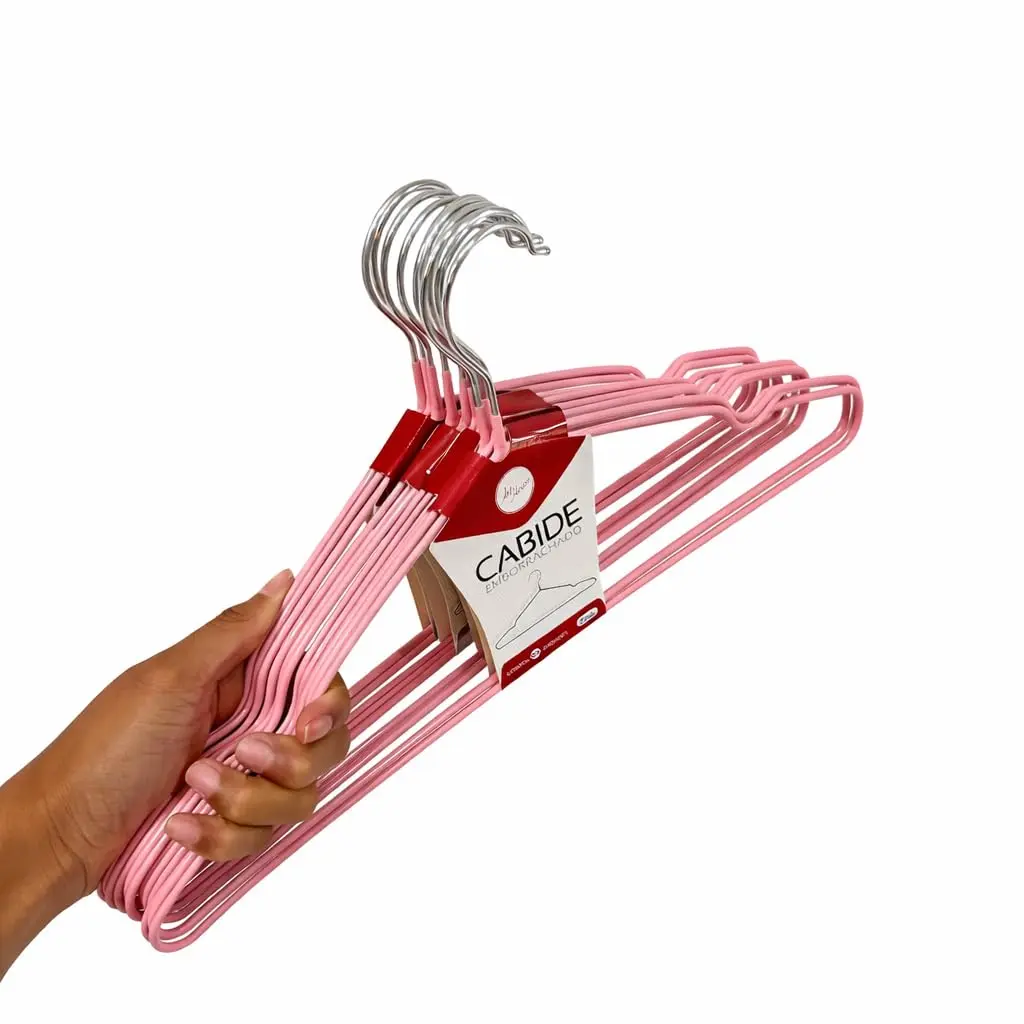 Kit 12 Cabides Emborrachados com Cava em Ferro e TPR – Antiderrapante, Resistente, Ideal para Roupas Delicadas, Camisas, Vestidos e Blusas (Rosa)
