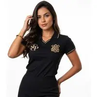 Camisa Feminina Polo Ouro Corinthians Oficial Preto - 1