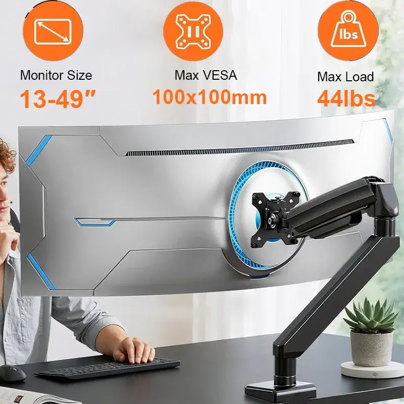 Suporte de Monitor Reforçado para Telas Ultrawide de 13-49″, Capacidade de 44 lbs, Suporte de Mesa para Monitor com Movimento Completo, Montagem Dupla com Grampo C e Furo Passante