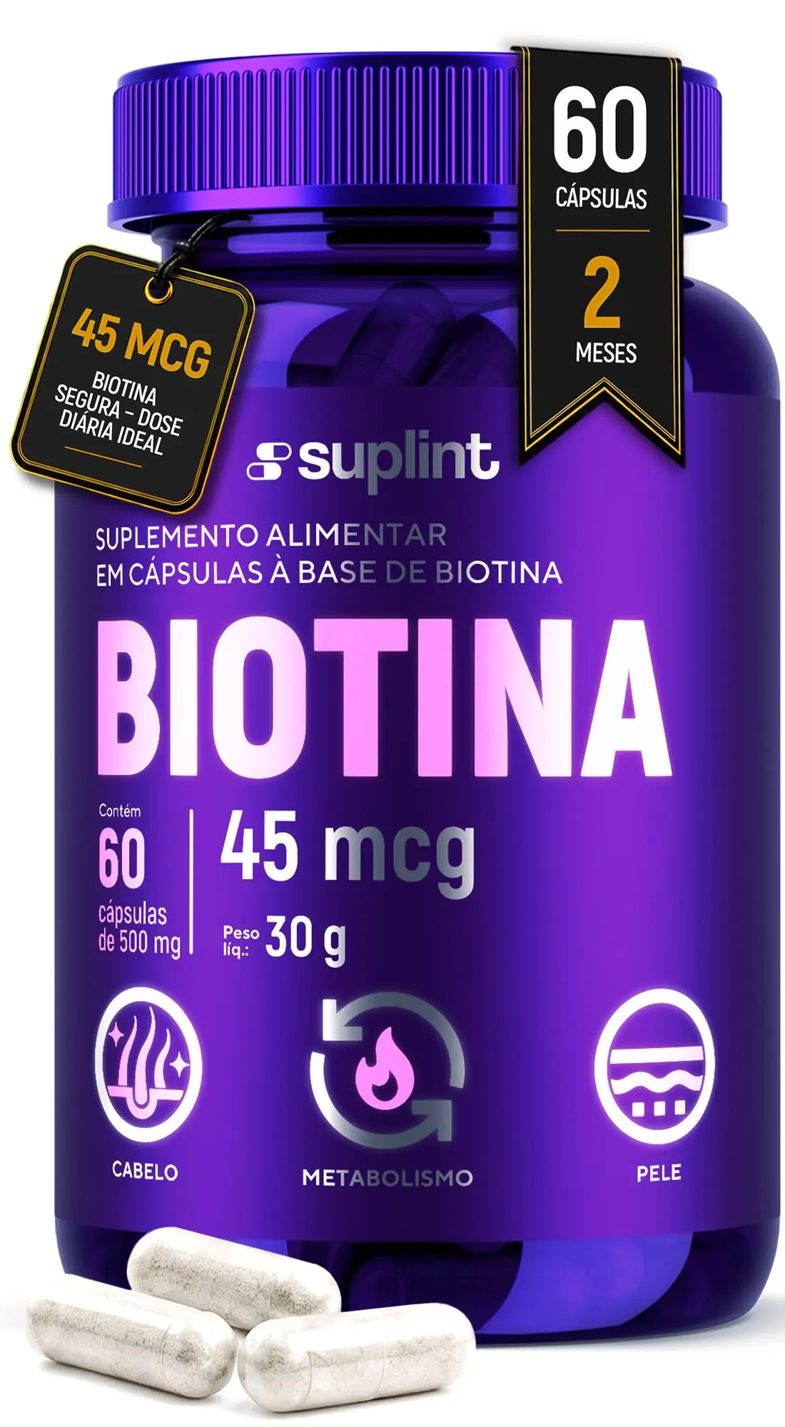 Biotina 45mcg Vegana – Cabelo, Pele e Unhas – 60 Cápsulas | Vitamina do Complexo B, Sem Ingredientes de Origem Animal, Sem Açúcares Adicionados, Sem Conservantes, Sem Glúten, Sem OGM