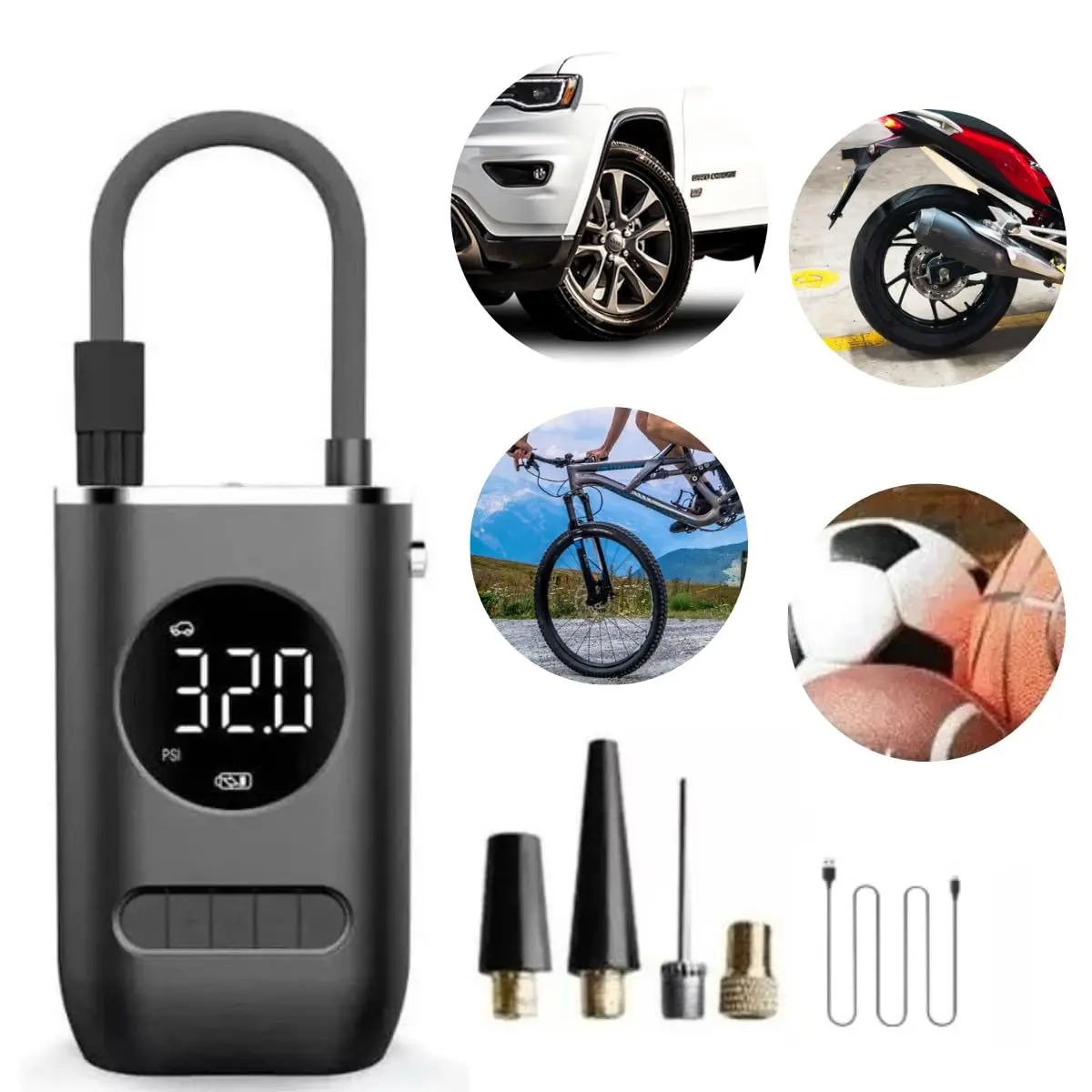 Compressor de Ar Portátil e Digital, Bomba De Ar com Carregamento via USB | Bomba De Ar para encher pneu de Carro Moto Bicicleta Bola Inflável, Com Led