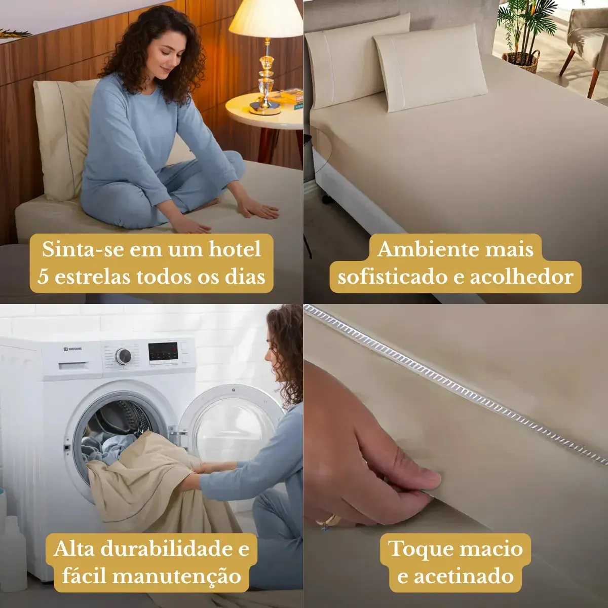 Jogo De Lençol Cama King 03 Peças 400 Fios Ponto Palito Cor Cáqui Desenho Do Tecido Lisa thumbnail 3
