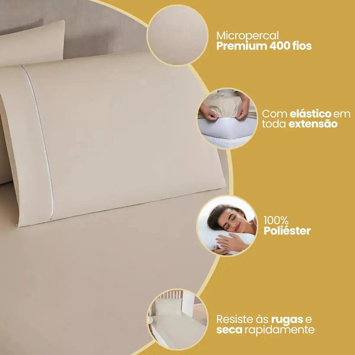 Jogo De Lençol Cama King 03 Peças 400 Fios Ponto Palito Cor Cáqui Desenho Do Tecido Lisa thumbnail 4