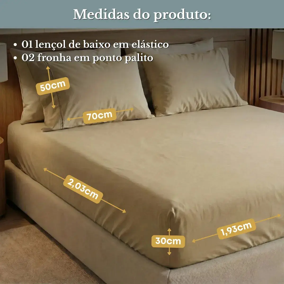 Jogo De Lençol Cama King 03 Peças 400 Fios Ponto Palito Cor Cáqui Desenho Do Tecido Lisa thumbnail 5
