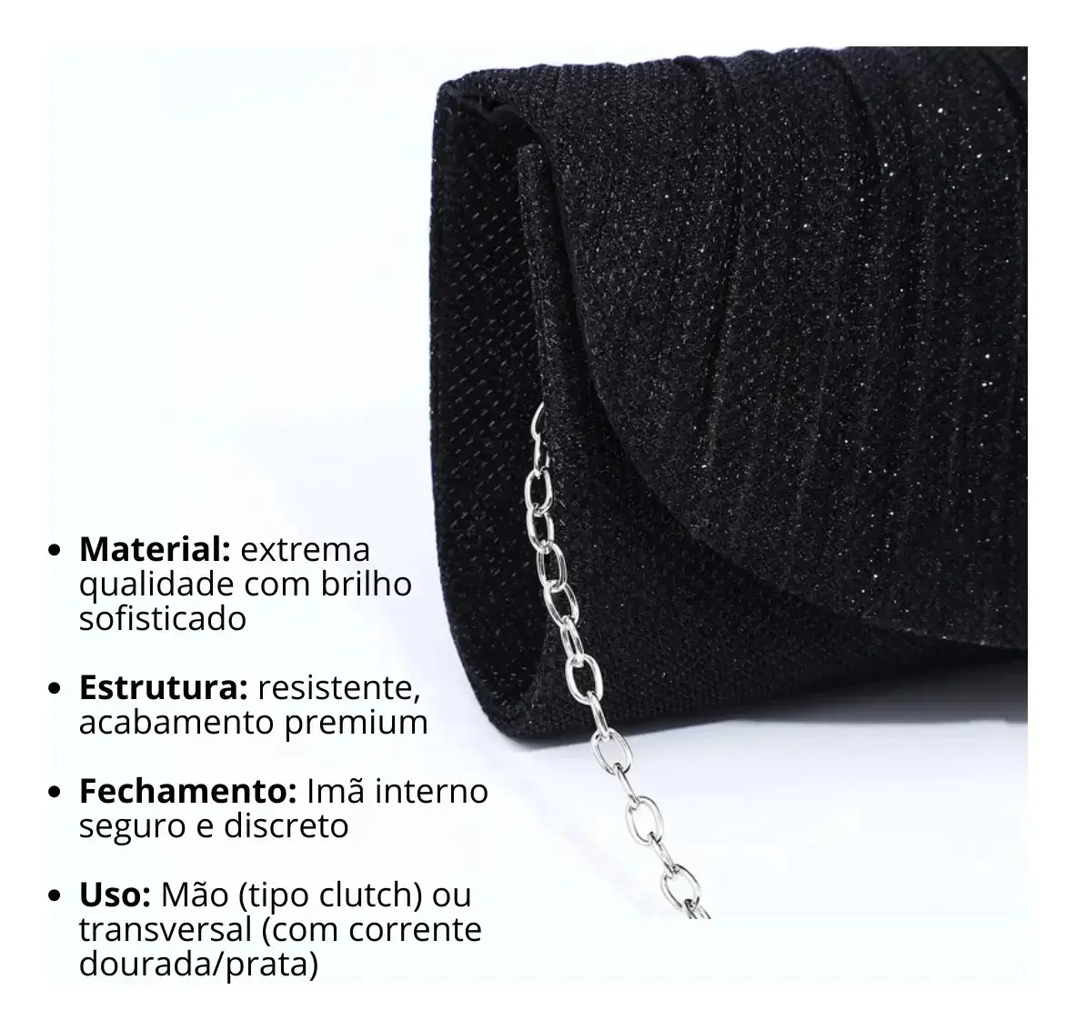 Bolsa Clutch para Festa Brilho e Glitter Feminina com Alça Removível Preta thumbnail 3