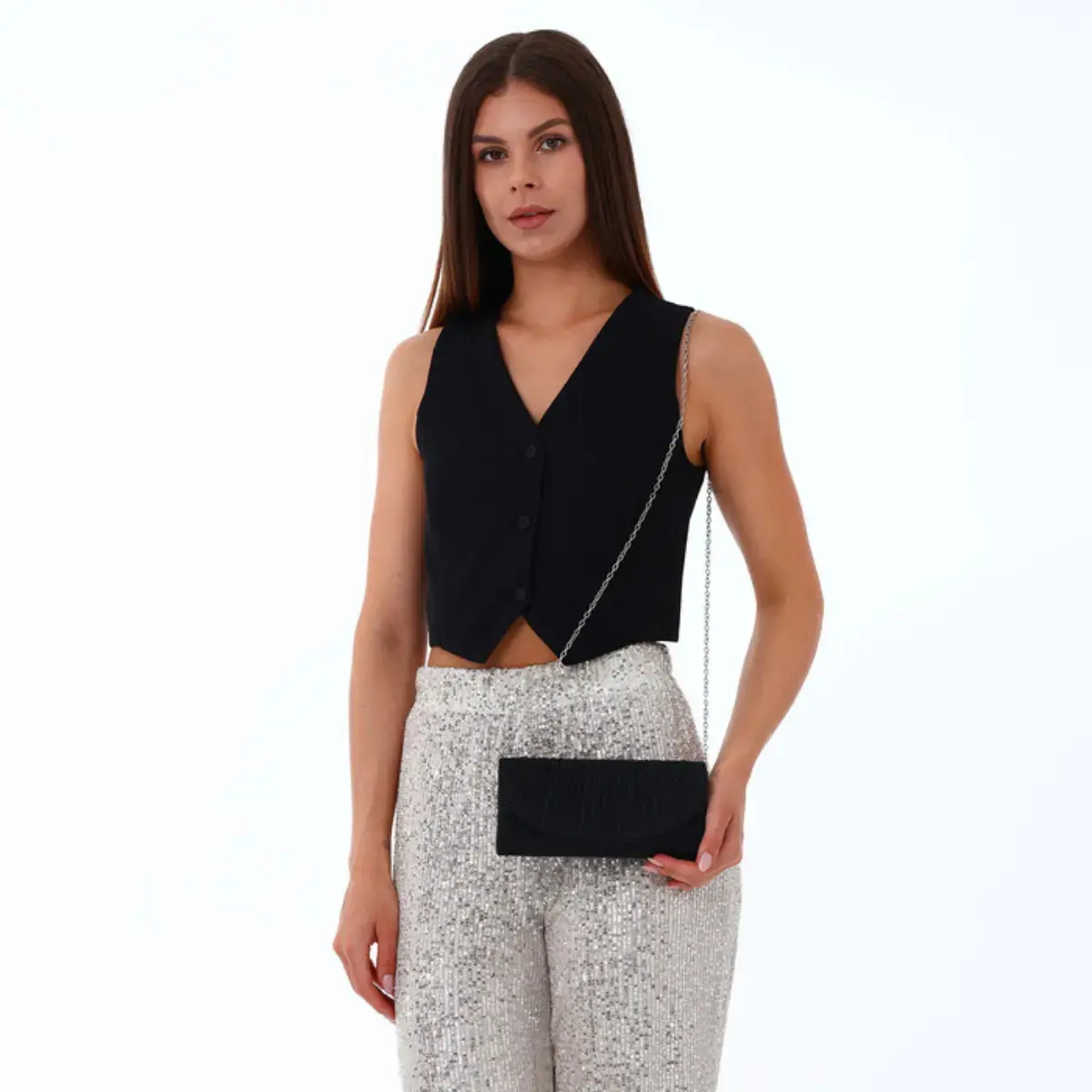 Bolsa Clutch para Festa Brilho e Glitter Feminina com Alça Removível Preta thumbnail 6