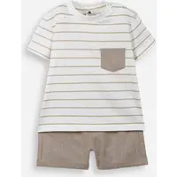 conjunto baby camiseta listrada e short bege