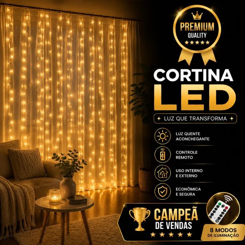 Cortina Luz LED 3x3m 300 LEDs USB Controle 8 Efeitos para Quarto Parede Janela Decoração