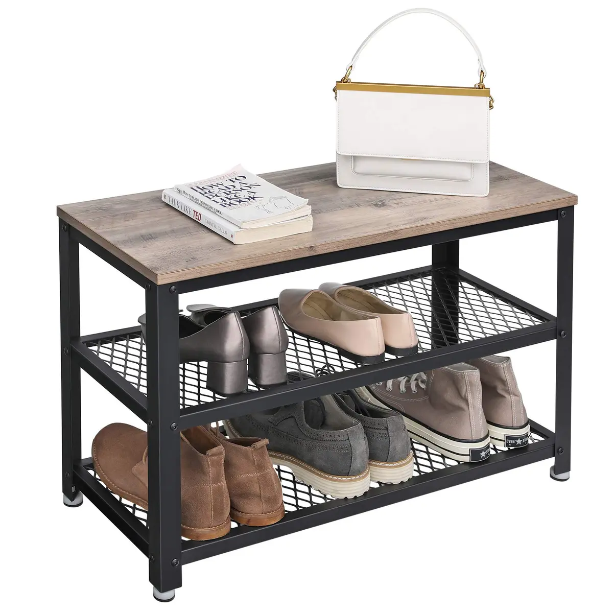 VASAGLE Banco para Sapatos, Estante de Sapatos com 2 Prateleiras de Grade, Armazenamento para Calçados, para Entrada, Corredor, Sala de Estar, Estrutura de Metal, Greige e Preto BRLBS73MB