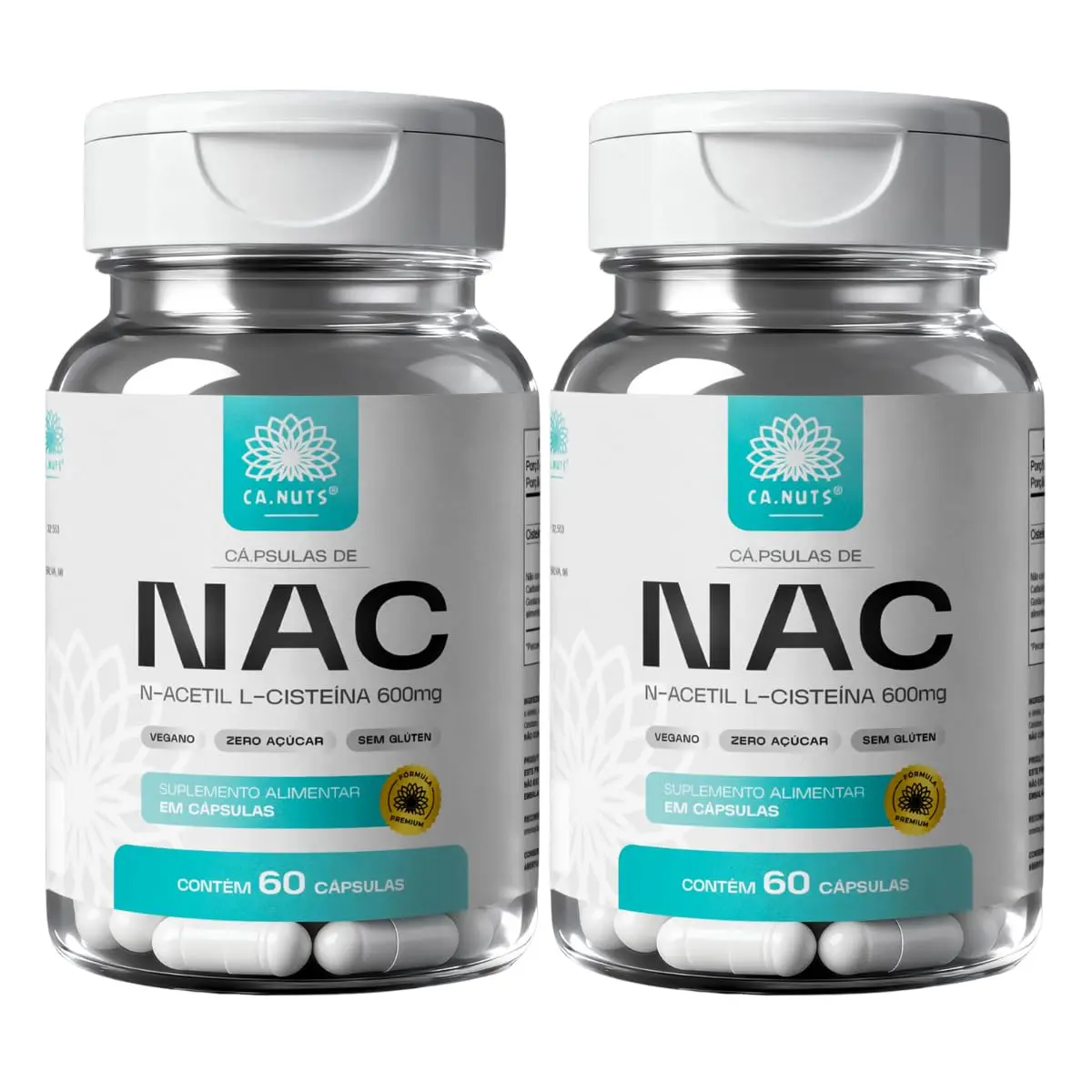 NAC 600mg (N-Acetil L-Cisteína) Ca.nuts – Suplemento Antioxidante com Suporte Hepático e Respiratório (2 Frascos - Para 120 Dias)
