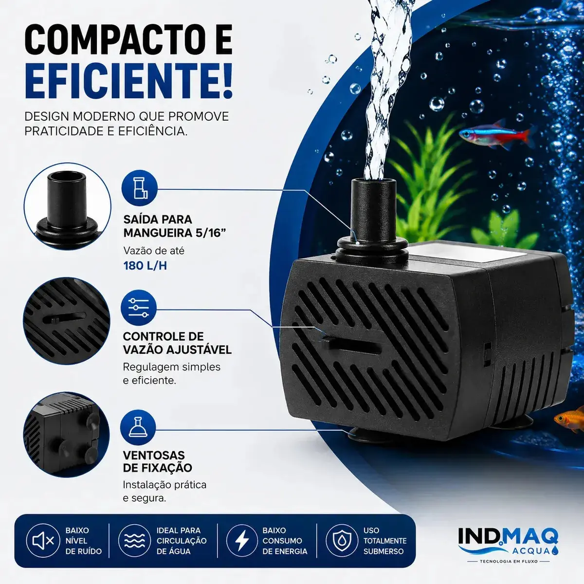 Bomba Submersa Bombinha Fonte Água Aquário 180l/h Indmaq
