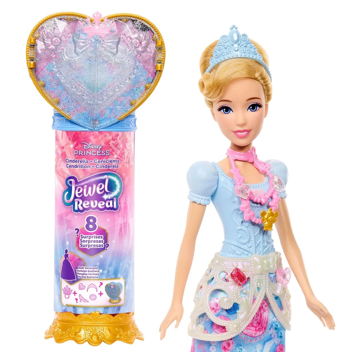 Disney Princesa Cinderela Jewel Reveal, Boneca Surpresa Com Joias E Acessórios Mágicos, Kit De Desbloqueio Com Coração Azul E Caixa De Joias