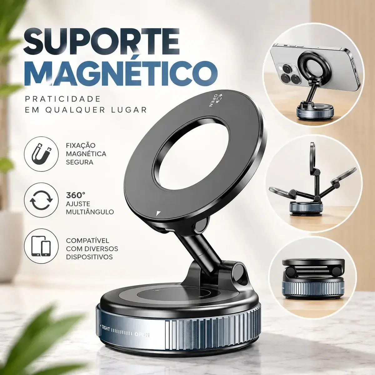 Suporte Magnético Para Celular Com Ventosa De Vácuo Ajustável 360° Universal Para Carro Painel Vidro Mesa E Superfícies Com Fixação Forte Para Smartphone E Uso Veicular E Ajuste Prático - Swave - 1