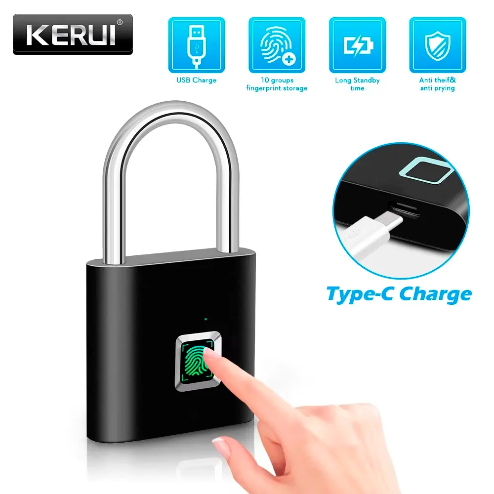 Kerui cadeado inteligente com impressão digital, à prova d'água, fechadura de porta sem chave, tipo c, recarregável, cadeado de segurança para casa