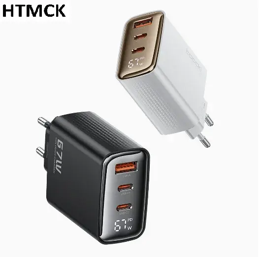 Carregador rápido com visor digital 67W GaN, carregamento rápido 4.0 e 3.0, carregador USB tipo C para laptops e telemóveis.