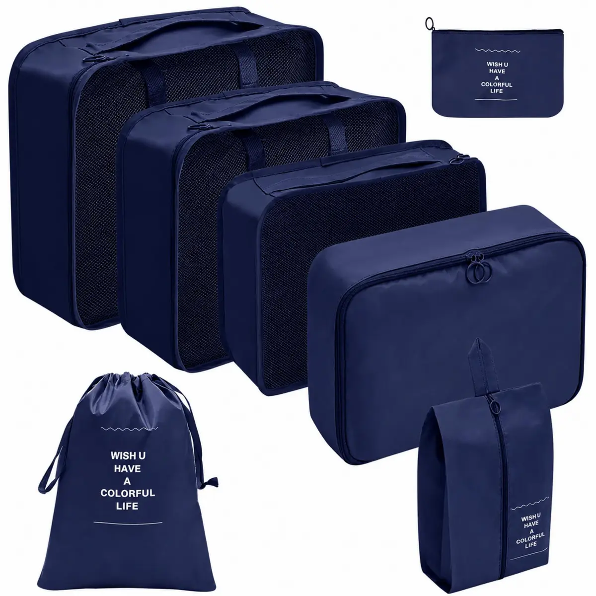 Kit Organizador de Mala 8 Peças Packing Cubes com Compressão Porta Sapatos Necessaire Transparente Roupas Sujas para Viagem (Azul escuro 7 peças)