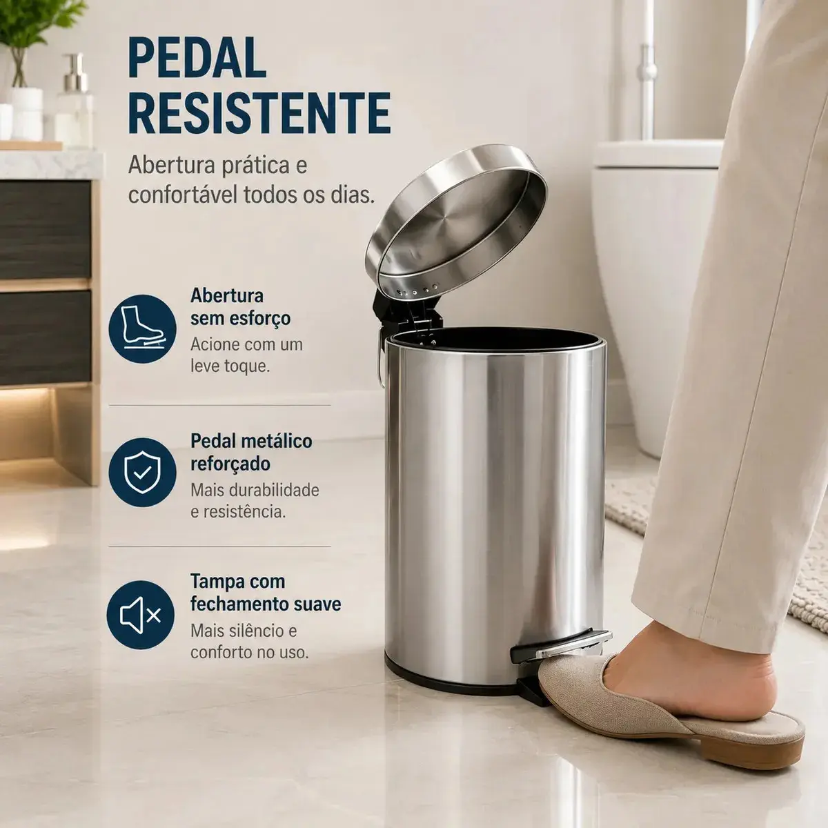 Lixeira Inox 8L Com Pedal E Cesto Removível Para Banheiro Cozinha e Escritório 8 Litros Aço Inox Redonda Balde Removível Com Alça Cor Inox Pítia thumbnail 2