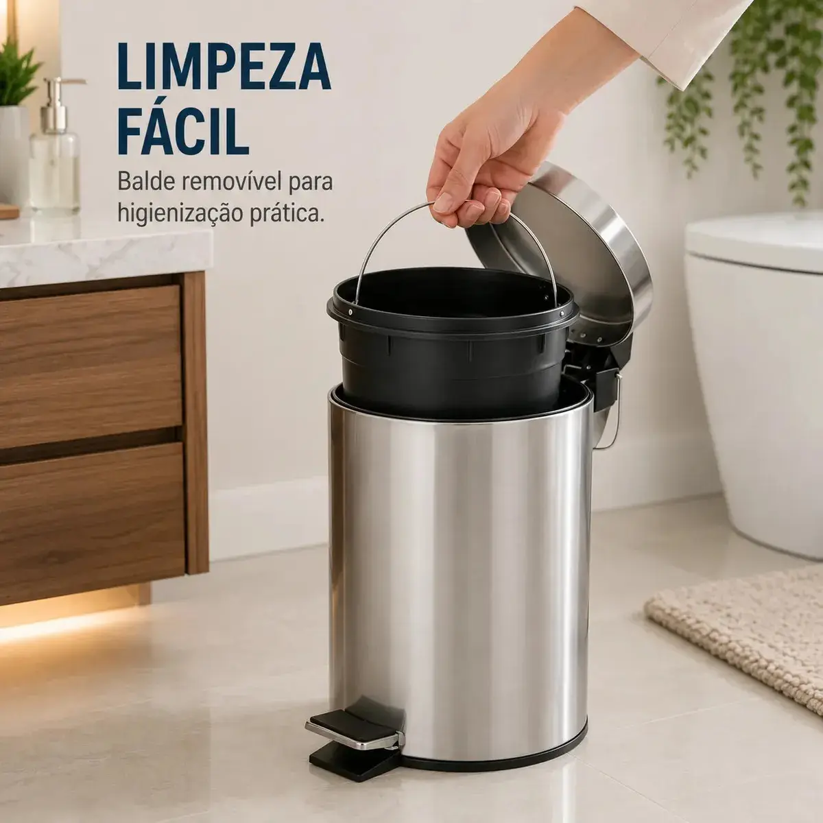 Lixeira Inox 8L Com Pedal E Cesto Removível Para Banheiro Cozinha e Escritório 8 Litros Aço Inox Redonda Balde Removível Com Alça Cor Inox Pítia thumbnail 3