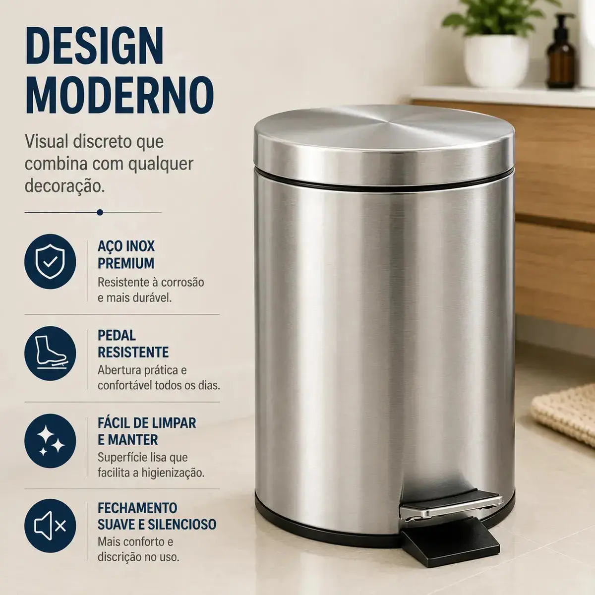Lixeira Inox 8L Com Pedal E Cesto Removível Para Banheiro Cozinha e Escritório 8 Litros Aço Inox Redonda Balde Removível Com Alça Cor Inox Pítia thumbnail 4