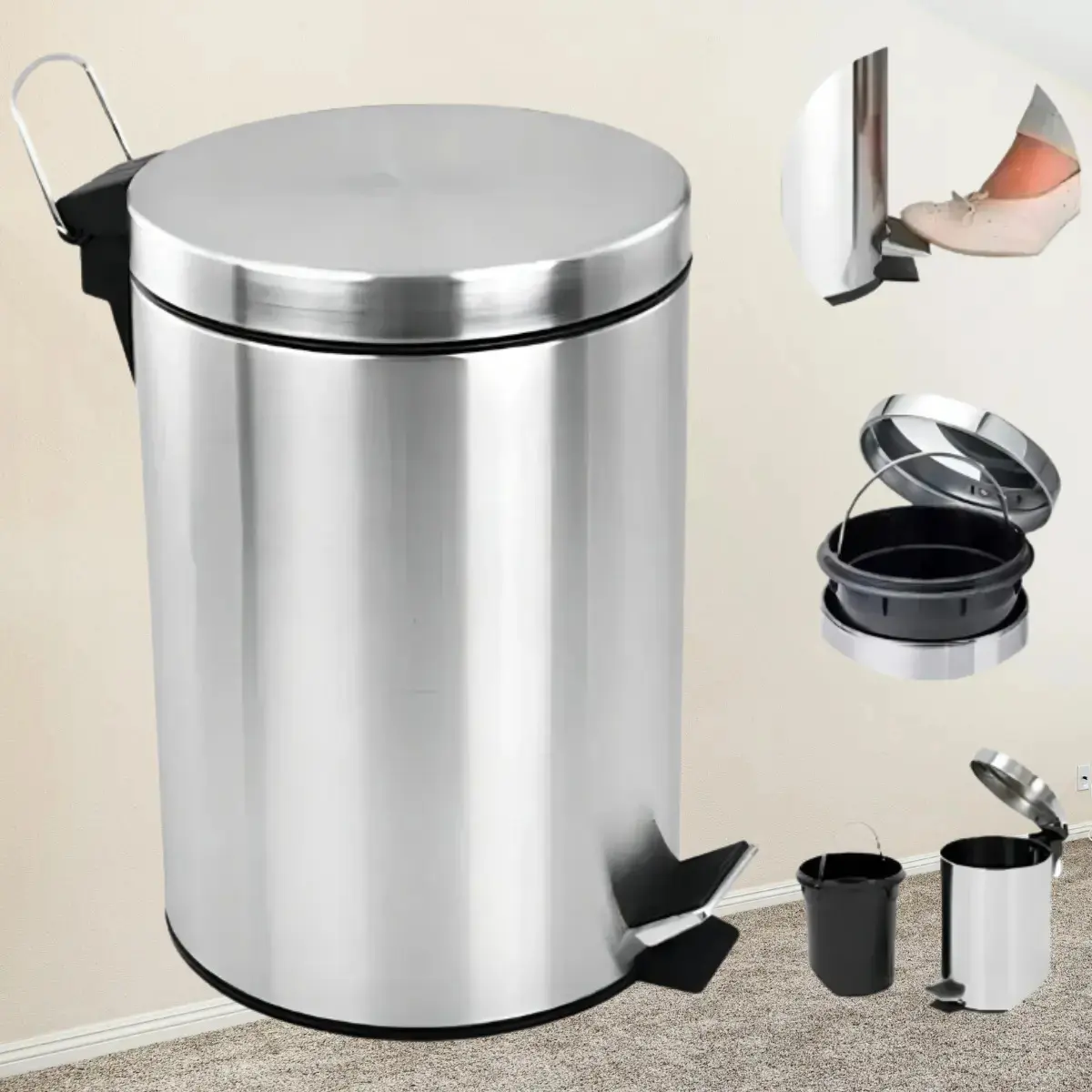 Lixeira Inox 8L Com Pedal E Cesto Removível Para Banheiro Cozinha e Escritório 8 Litros Aço Inox Redonda Balde Removível Com Alça Cor Inox Pítia thumbnail 6