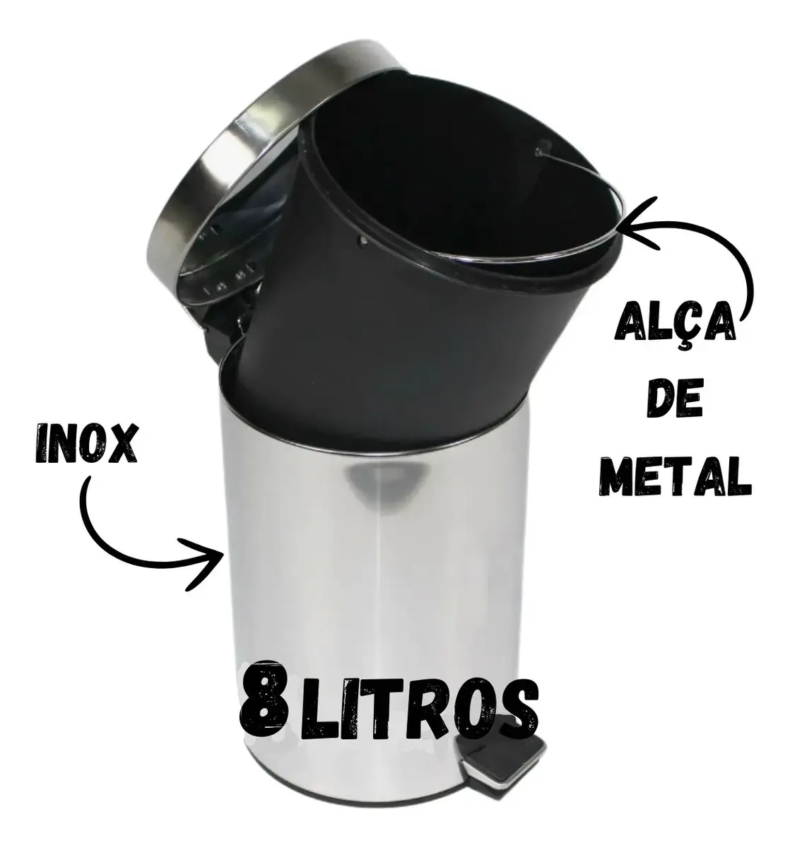 Lixeira Inox 8L Com Pedal E Cesto Removível Para Banheiro Cozinha e Escritório 8 Litros Aço Inox Redonda Balde Removível Com Alça Cor Inox Pítia thumbnail 7
