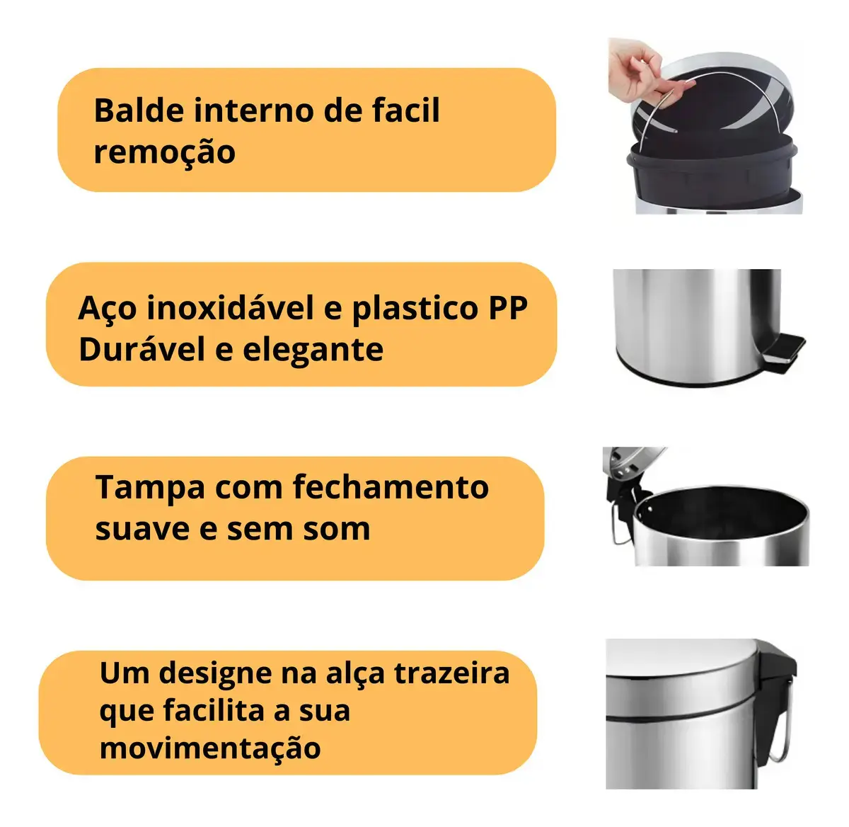 Lixeira Inox 8L Com Pedal E Cesto Removível Para Banheiro Cozinha e Escritório 8 Litros Aço Inox Redonda Balde Removível Com Alça Cor Inox Pítia thumbnail 10