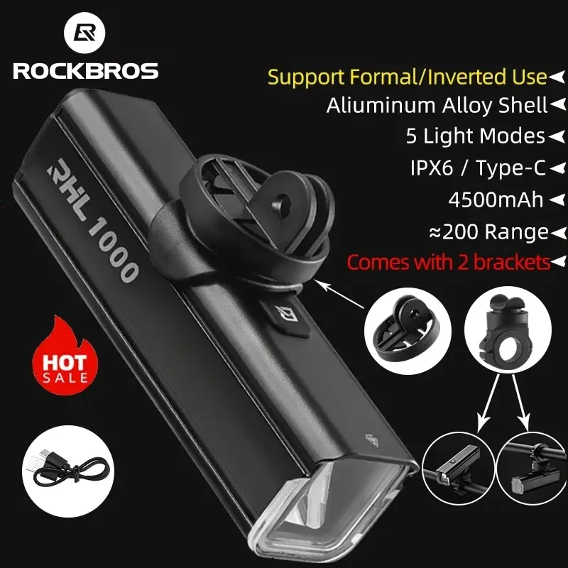 Rockbros luz da bicicleta tipo-c recarregável luz mtb estrada bicicleta luz led lanterna ipx6 ciclismo ao ar livre farol acessórios - 1