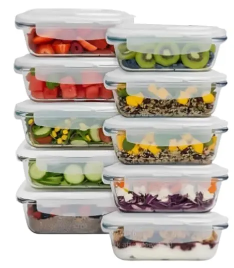 Kit 10 Potes de Vidro Herméticos 640ml Retangular - Refratário Borossilicato para Forno, Freezer e Micro-ondas - Marmita Livre de BPA - Tampa com Trava (Kit 10 Potes)