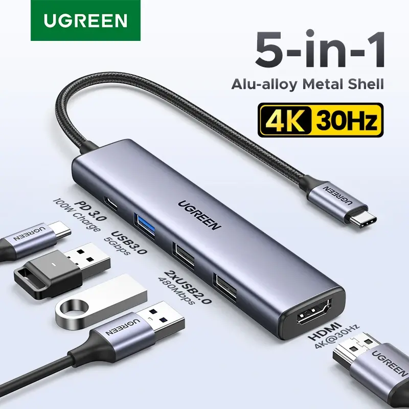 UGREEN USB HUB 5 em 1 Tipo-C para 4K HDMI PD100W USB3.0 HUB Adaptador multiporta para laptop MacBook iPad Pro Samsung Dell HP Lenovo