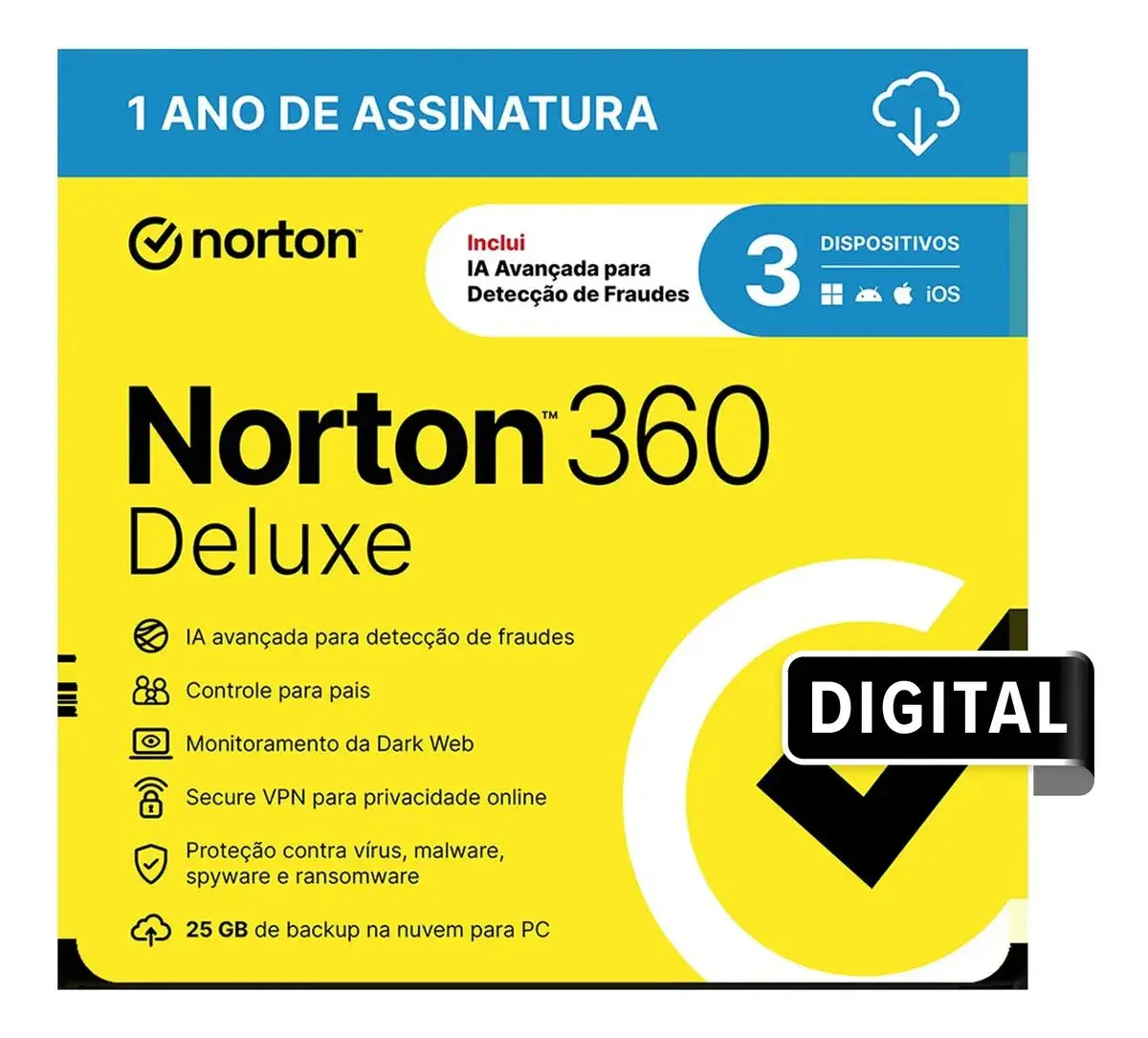 Norton 360 Deluxe 25gb 3 Dispositivos 1 Ano (Digital)