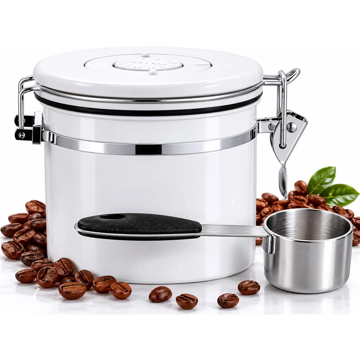 MYBEEM Pote de Armazenamento Cafe1.2L, Pote Cafe, Potes Hermeticos | Aço Inoxidável 304, Disco de Data, Colher Suspensa, Armazenamento de Grãos e Café em Pó para Casa Escritório