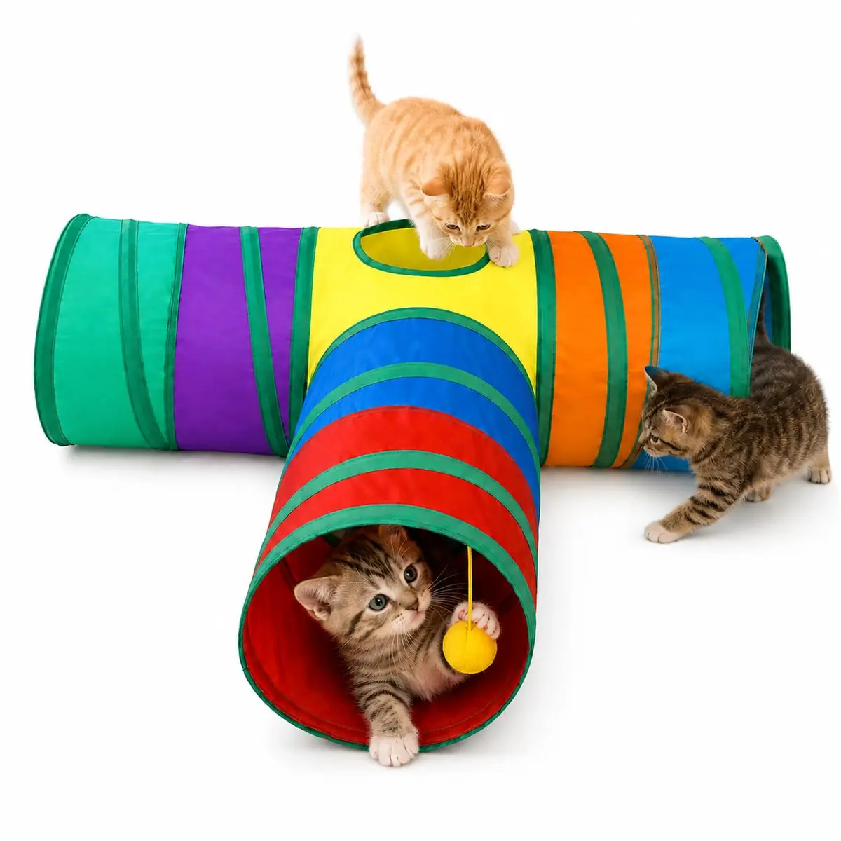 Túnel para Gatos Dobrável com 3 Entradas e Bolinha Interativa – Brinquedo para Gato Estimulante, Antiestresse, Resistente, Portátil e Lavável, Diversão e Exercício para Pets - 1