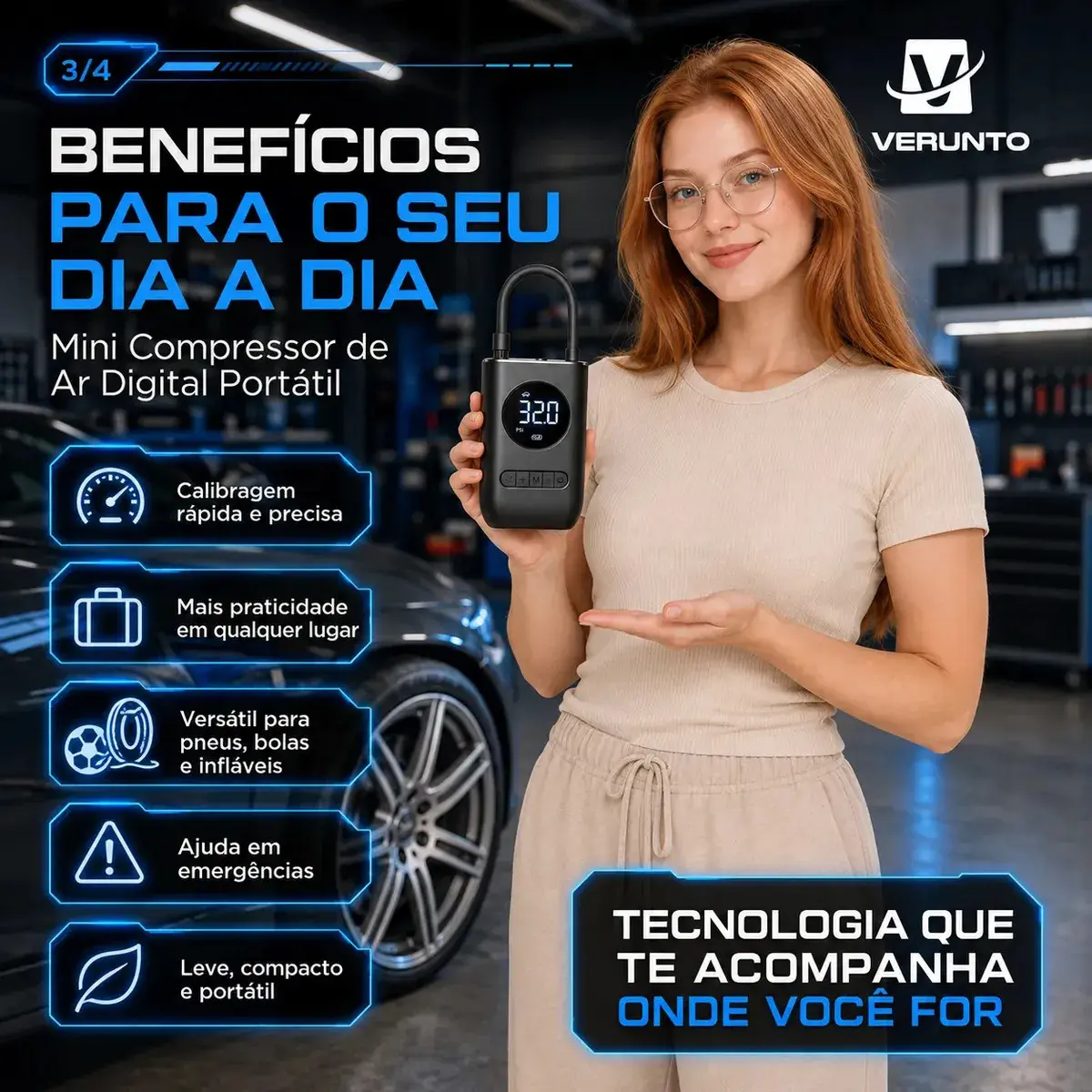 Bomba De Ar De Mão Pneu Car Air Pump Sem Fio 150 Psi Luz De Emergência Led Com Bateria Recarregável De 4000 Mah Verunto thumbnail 2