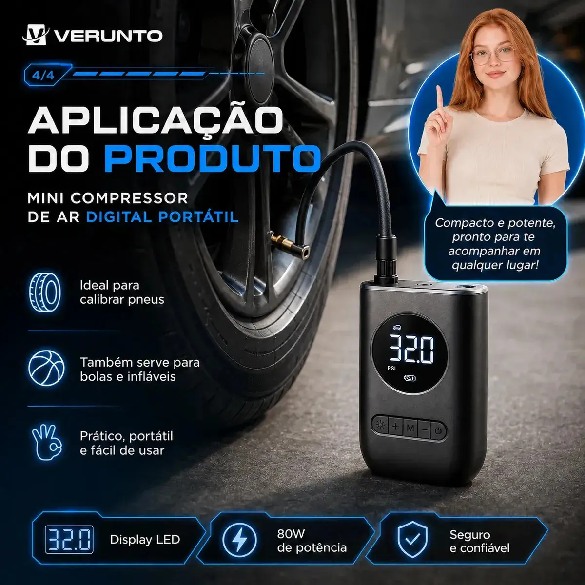 Bomba De Ar De Mão Pneu Car Air Pump Sem Fio 150 Psi Luz De Emergência Led Com Bateria Recarregável De 4000 Mah Verunto thumbnail 3