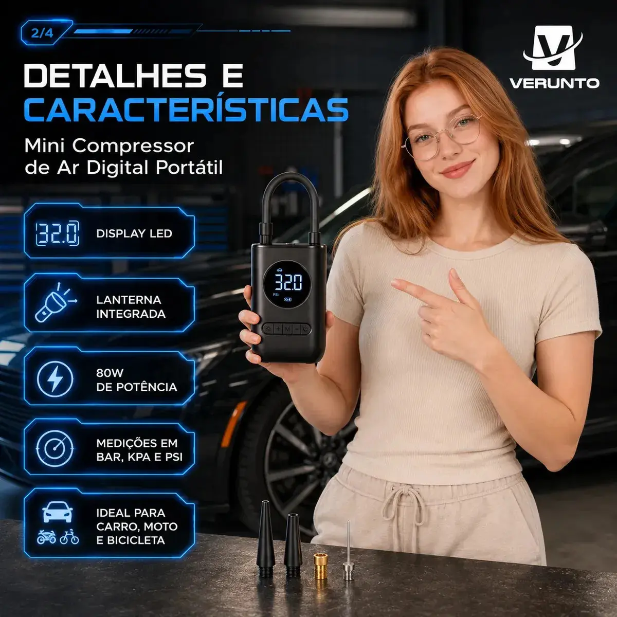 Bomba De Ar De Mão Pneu Car Air Pump Sem Fio 150 Psi Luz De Emergência Led Com Bateria Recarregável De 4000 Mah Verunto thumbnail 4