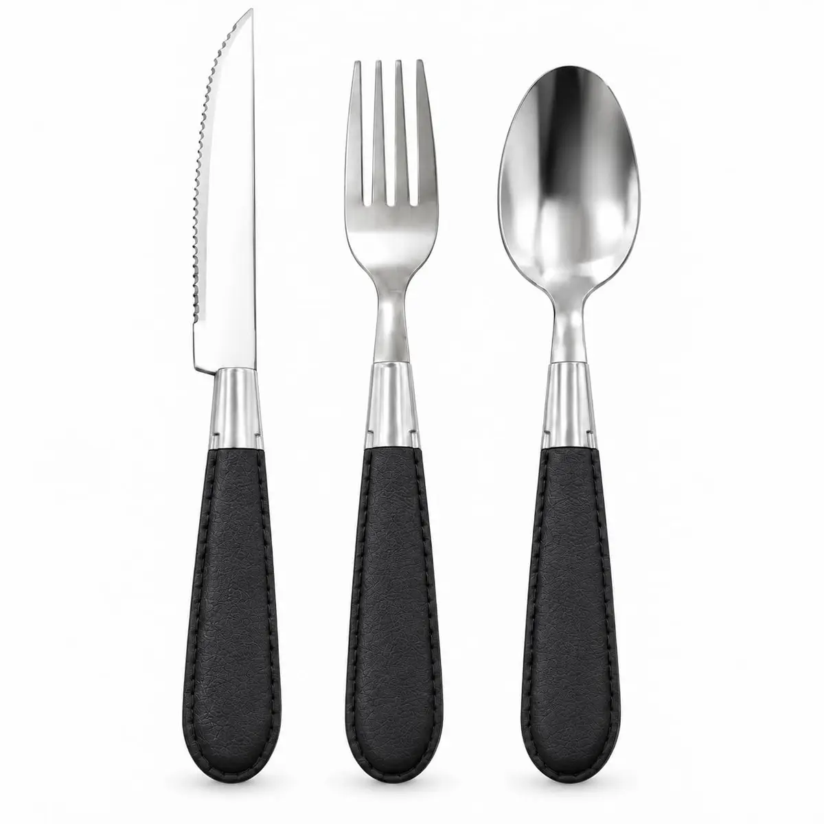 Jogo de Talheres Inox 18 Peças com Cabo Imitação Couro (Preto) | 6 Facas, 6 Garfos, 6 Colheres, Visual Sofisticado, Ideal para o Dia a Dia, Inox Resistente