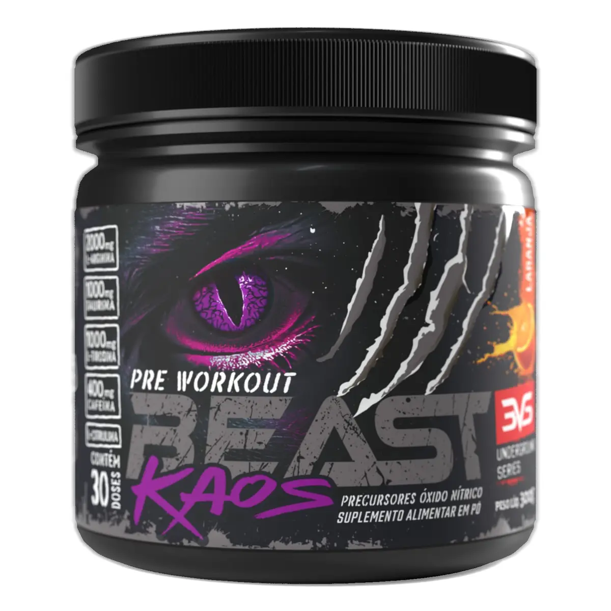 3VS Nutrition Pré-Treino Beast Kaos –Extra Forte Com Citrulina, Beta Alanina, Cafeína, Arginina, Taurina e Tirosina 300gr, Sabor Laranja